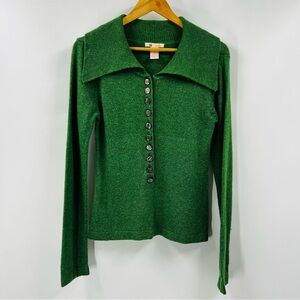 Tulle Kelly Green Button-Down Knit Buttoned Wide Collar Wool Angora Blend Large